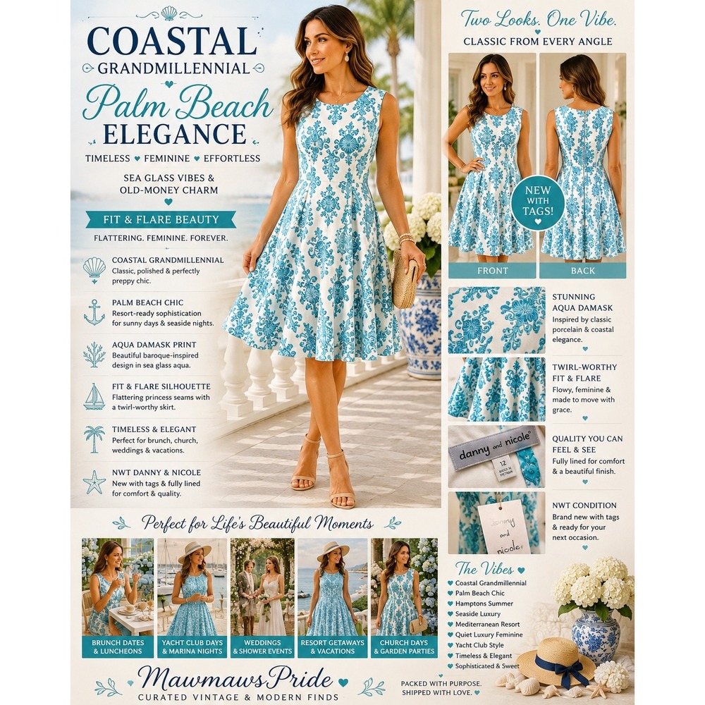 Coastal Grandmillennial Palm Beach Aqua Damask Fit Flare Dress NWT 12
